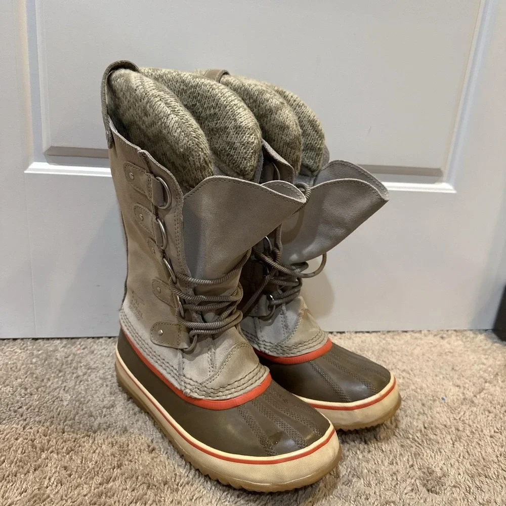 Sorel Snow Boots Womens Size 7 Brown Leather Mid Calf Waterproof NL2084-160
